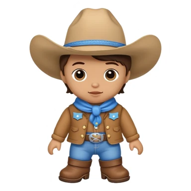 A soft plush baby cowboy doll with a blue hat and tiny boots sticker