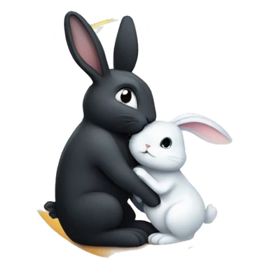 Black rabbit hugging white rabbit with moon behind them sticker