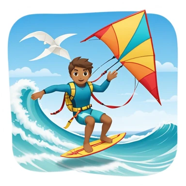 A kite surfer soaring above the waves, holding onto a kite with the wind in full force. The background showcases the ocean and sky, emphasizing the freedom, thrill, and energy of the sport. The motion of the kite and board is dynamic, capturing the excitement of kiting. sticker