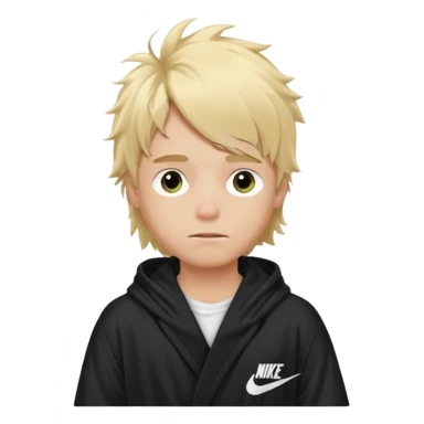 Create a blond boy with long, messy hair, light eyes, a white t-shirt, rich, with long hair, blue eyes, medium-length, voluminous hair, wearing a black Nike bathrobe and a little blush near his nose. and with a balaclava sticker