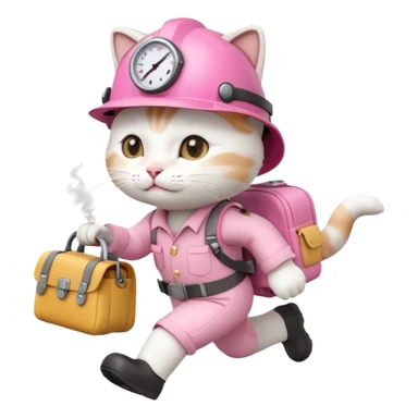 A cute white and pink cat dressed as engineer with a white helmet running very fast carrying her cute bag Leaving a trail of smoke sticker