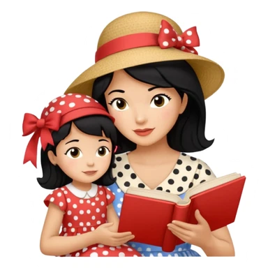 A black hair mother in a ribboned hat wearing polka dot dress reading a storybook to her child. sticker