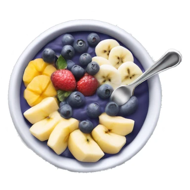 a neutral açai bowl with a silver spoon. The bowl is filled with a smooth, white açai mixture topped with various fruits like blueberries and bananas. The silver spoon rests gently on the side of the bowl, adding a touch of elegance to the design." sticker