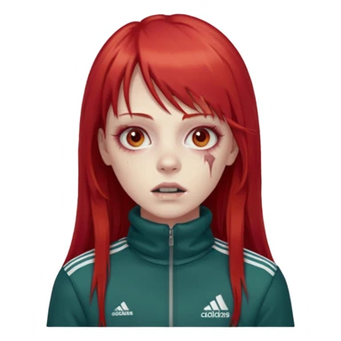 Crie um emoji de uma menina zumbi  com o cabelo vermelho longo com uma franja reta casaco de gola alta da adidas sticker