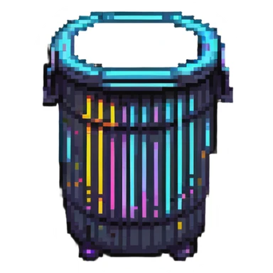 32x32 cyberpunk trash bin icon with futuristic neon elements, retro computer style sticker