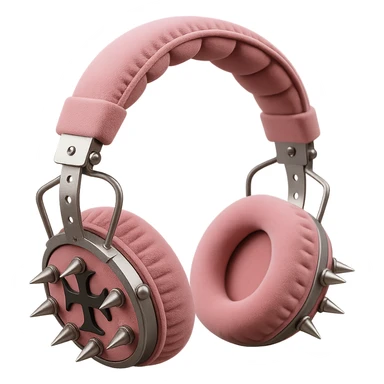 Isolate and keep only the realistic pink gothic headphones with velvet ear cups, silver spikes, and subtle cross motifs in a photorealistic style with no background. sticker
