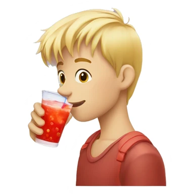 A blonde boy sucking juice with a straw while his hand is holding the drink, profile view sticker