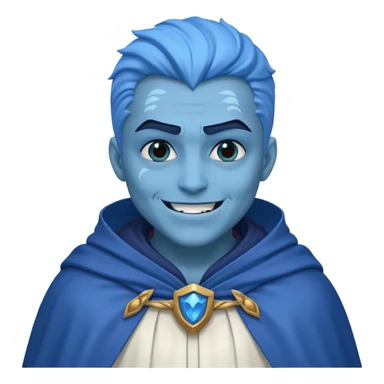 villain smiling with a white cloak, blue skin sticker