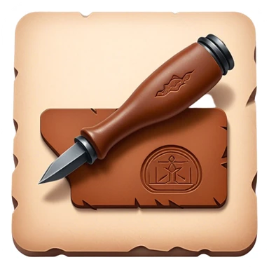 Leatherworking icon, piece of raw leather with started engraving, engraving tool or chisel, stamp or press, textured surface, minimalistic style, clean lines, transparent background. sticker