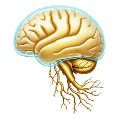 Pearlescent capsule floating between a translucent glowing brain and a translucent liver. Golden waves of connection emanate from the brain, representing improved memory, clarity and neural communication. The entire scene has an ethereal glow showing the beneficial properties of choline. sticker