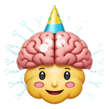 whimsical 2D cartoon emoji of a brain with digital circuit patterns and a happy face, wearing a party hat, to show AI involvement in a playful manner, in the style of standard Slack emojis sticker