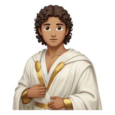 Cinematic Realistic Hercules Portrait, depicted as a classical Greek hero inspired by the Disney version yet echoing the refined proportions and serene dignity of Michelangelo's David. His idealized, tan skin glows with timeless strength, and his thick, curly wavy dark brownhair falls in natural, sculpted curls. Draped in a flowing white robe with delicate golden accents, his expressive eyes radiate determined nobility, all rendered under dynamic natural lighting with a mythic, radiant glow. sticker