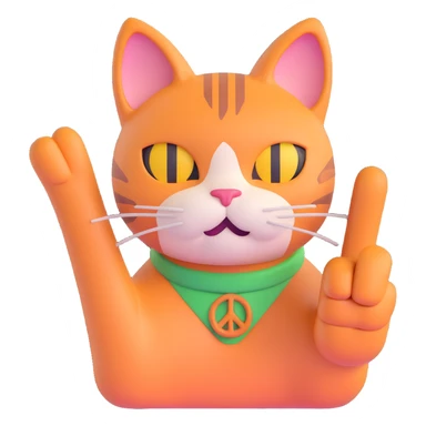 cute and trendy emote of a cat face with a human body, making a peace sign, clear background sticker