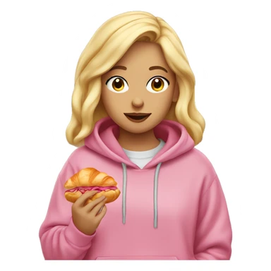 A blonde girl wearing an oversized pink hoodie is eating a croissant. sticker