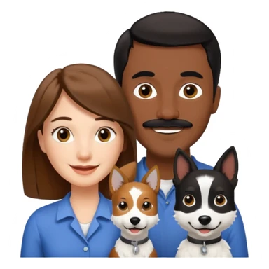 Quiero a una mujer blanca  con el pelo por el hombro lacio castaño  con un hombre de color morochito con el pelo negro y bigote, ambos felices  y un solo perro blanco Fox terrier  sticker