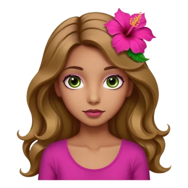 Una ragazza con gli occhi tra il marrone e il verde con gli occhi grandi i capelli lunghi castani quasi biondi lunghi fino alle spalle,poi magra con un top fucsia e uh hibicus sempre fucsia trai capelli  sticker