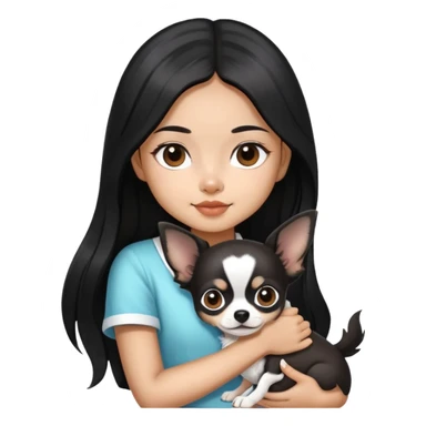 Thai girl with long black hair holding a black and white Chihuahua dog sticker