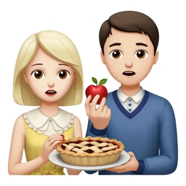 Sad man eats a pie. While his sister throws his dress on the apple sticker