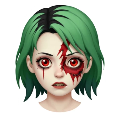 zumbi feminino com cortes no rosto, olhos baixos e vermelhos, cabelo preto e verde sticker