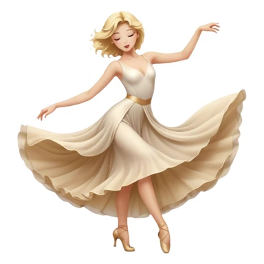 A blonde girl in a cinematic realistic dancing pose, elegant movements of the dancers, the soft fabric of their outfits flowing to the beat of their movements, spectacular lighting emphasizing graceful lines radiating passion and poise. sticker
