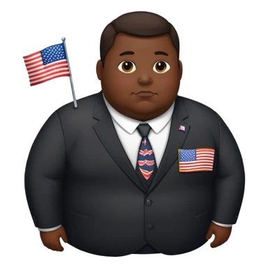overweight person in dark suit with US flag pin sticker