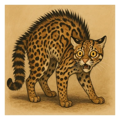 an ocelot with arched back, fur standing on end, wide eyes, frightened expression, simple background sticker