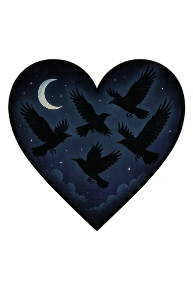 emo heart with night sky and dark ravens, remove background sticker