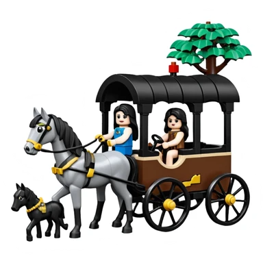  Ultra cute  Lego detailed 1854 Batman and pretty dark-haired Catgirl driving a horse drawn family-size Caravan alone together on a romantic trail in the woods  sticker