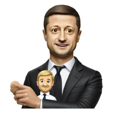 Hyper realistic Vladimir Zelensky pulls the strings  of a wooden doll sticker