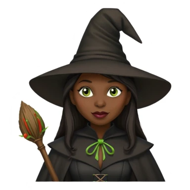 elphaba the wicked witch from wicked movie (cynthia erivo) dark long hair, thick lips, witch hat, broom sticker