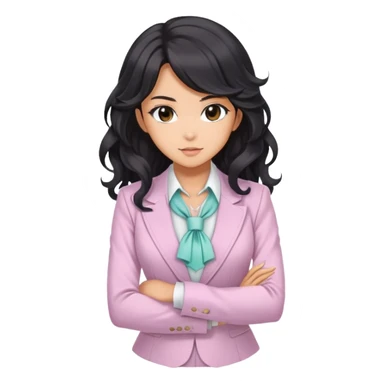 Pretty anime girl with flowing black wavy hair in a professional but feminine pastel outfit, confident boss lady pose sticker