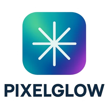 modern logo for PixelGlow, rounded square with aurora gradient background, central white geometric starburst, clean, professional, tech-friendly, and fun sticker
