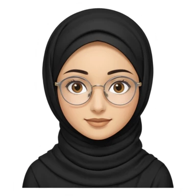 young woman with wheat-toned skin, black eyes, slightly thick natural eyebrows, long eyelashes, wearing a black hijab and thin silver round glasses, gentle warm smile, minimal makeup, modest brown top, subtle gold layered necklace sticker