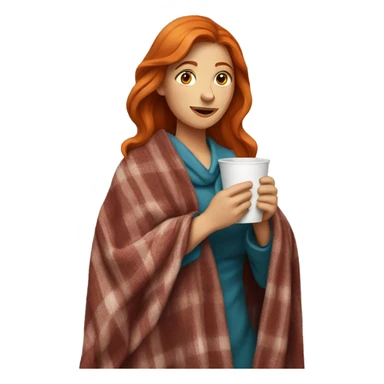 Red-haired woman with a cup in her hands and a blanket over her sticker