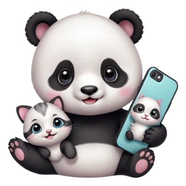 A cute baby panda taking a selfie with a small kitten, both smiling and looking at the camera, cartoon style, pastel colors, soft background, ultra cute, kawaii style, detailed, high resolution
 sticker