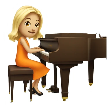 Blonde girl wearing an orange dress playing a brown upright piano sticker