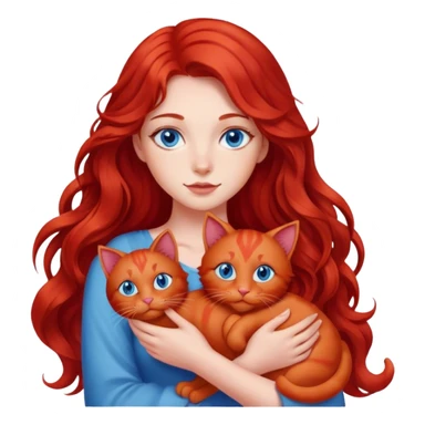 girl with red long wavy hair and blue eyes holding a red cat sticker