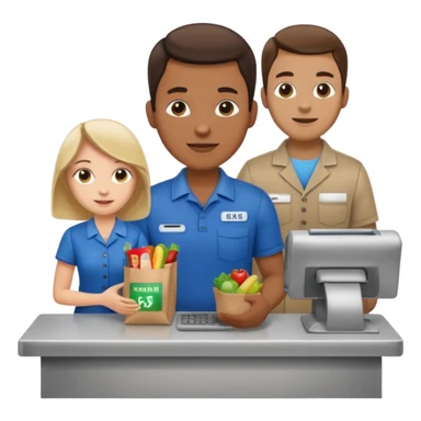 Supermarket employee at a cash register, full body, serving a man sticker