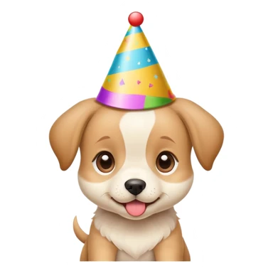 Cute puppy with a silly expression wearing a tiny party hat sticker