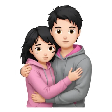 generate a pretty bratz fair skinned boy with messy black hair in a grey hoodie. Hugging his girlfriend who is wearing pink. Make him muscled. Boy in grey hoodie, girl in pink sticker
