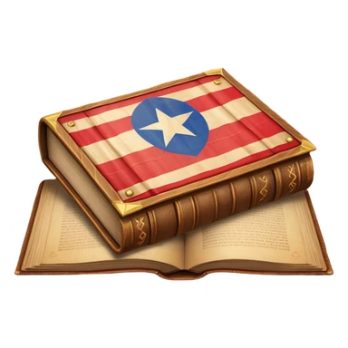 Ancient book with Puerto Rican flag on leather cover, theater curtain symbol carved in wood, warm vintage parchment textures, soft golden glow representing timelessness and theatrical heritage sticker