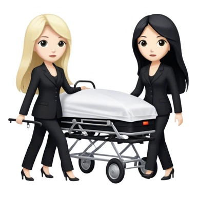 Two woman with long hair. One has black hair and one is blond. They have black pants suits on. And they are pushing a funeral stretcher in to a black Mercedes Vito funeral car. On the stretcher is a body covered in white sheets sticker