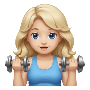 Kawaii emoji girl with big  blue glossy eyes, long wavy dirty blonde hair, happy expression, holding a dumbell, chubby cheeks, soft pastel colors, cozy and sweet aesthetic, clean background. sticker
