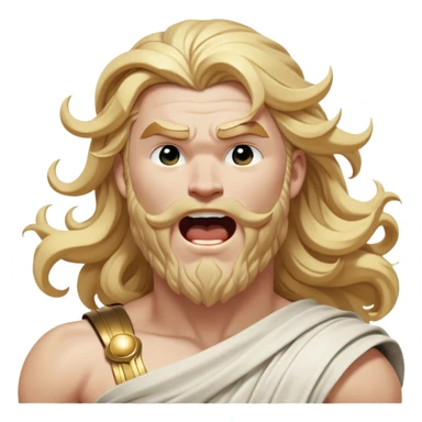 Cinematic Realistic Thor Portrait, head tilted slightly with a dramatic, wide-open yawn, revealing a moment of unguarded human vulnerability amidst his divine stature. His fair, luminous skin and elegantly styled, wavy golden hair maintain their sculptural perfection even in repose. Dressed in a flowing white toga with understated golden accents, the portrait is bathed in soft natural light, capturing a rare glimpse of relaxed, timeless strength from a Greek god reborn. sticker