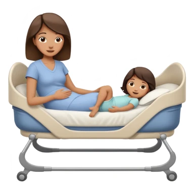 a mom laying down in a “C” position laying close to the she of the bed by her daughters bassinet while still trying to reach far back with her foot to touch her husband  sticker