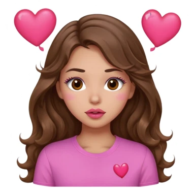girl with long wavy brown hair, brown eyes, light to medium complexion, in a pink shirt, pink lips, long lashes, puckering lips kissing, blushing with hearts sticker