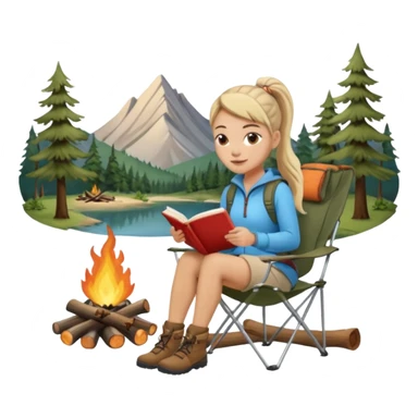 A pony tail hair woman journaling on a camping chair, enjoying the quiet nature scene beside a campfire sticker