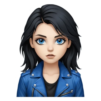 
 rockstar girl with long total black disheveled hair, blue eyes, Smokey eyes rockstar grunge makeup, rocking  sticker