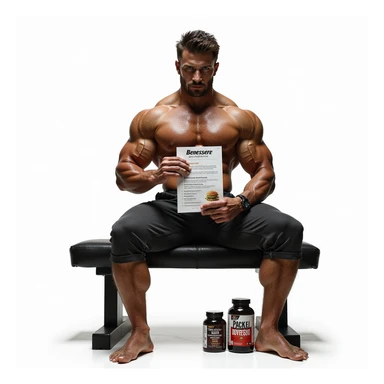 hyper realistic bodybuilder sitting on a bench holding a PCT list and a brochure with Italian text 'Benessere psicofisico', supplements next to him, recovery atmosphere, caption 'PCT: ripristino della salute', isolated on white background sticker