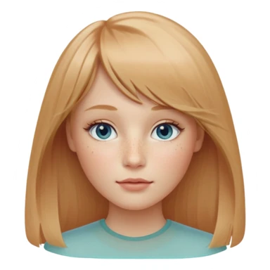 oval-shaped female face, very fair cool-neutral skin, light freckles on nose and cheeks, long fine strawberry-blonde hair parted center, wispy bangs, almond-shaped sea-glass gray-blue eyes, light sandy-blonde arched eyebrows, straight softly rounded nose, medium-full rose-tinted lips sticker